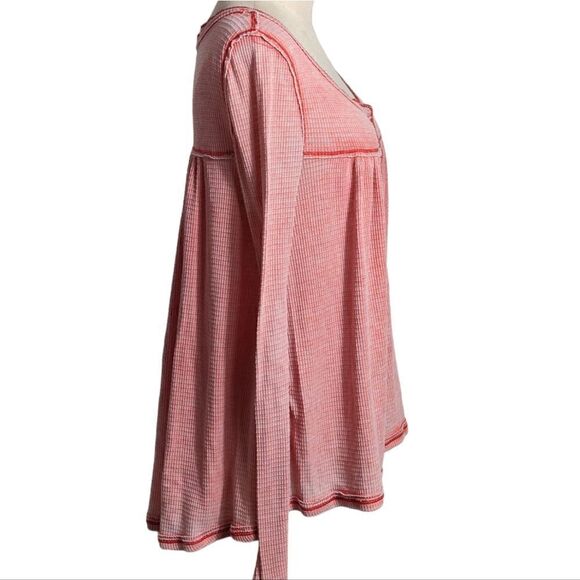 Free People Red Distressed Waffle Knit Babydoll Top - Picture 5 of 7
